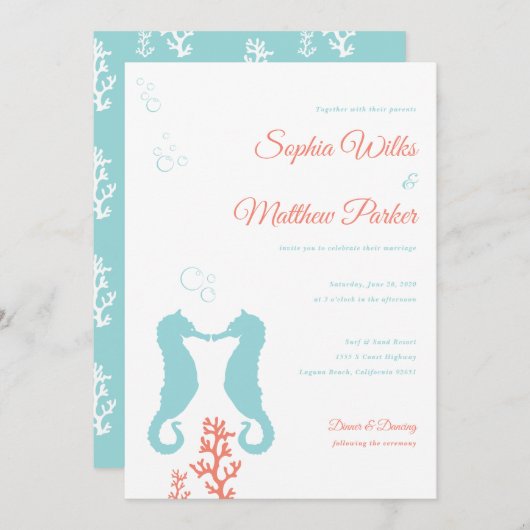 Aqua en Coral Seahorse Wedding Invitation Kaart (Voorkant / Achterkant)
