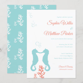 Aqua en Coral Seahorse Wedding Invitation Kaart