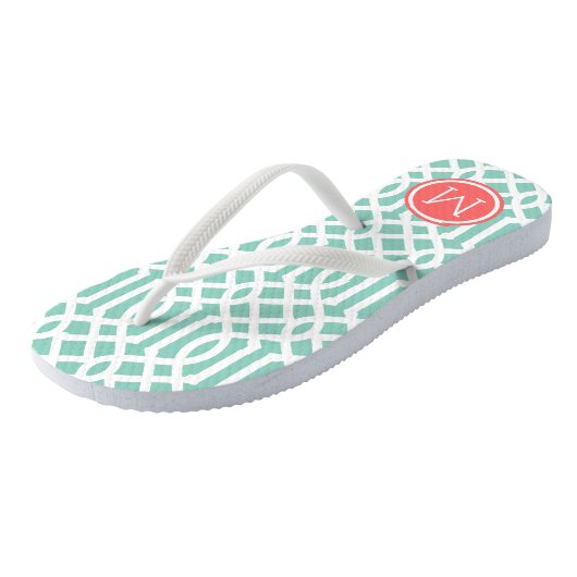 Aqua en Coral Trellis Monogram Teenslippers (Schuin)
