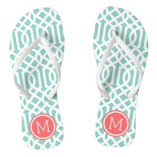 Aqua en Coral Trellis Monogram Teenslippers (Voetbed)