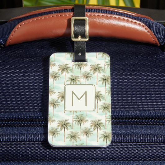 Aqua en Cream Tropical Palm Tree Monogram Bagagelabel (Voorkant Insitu 2)