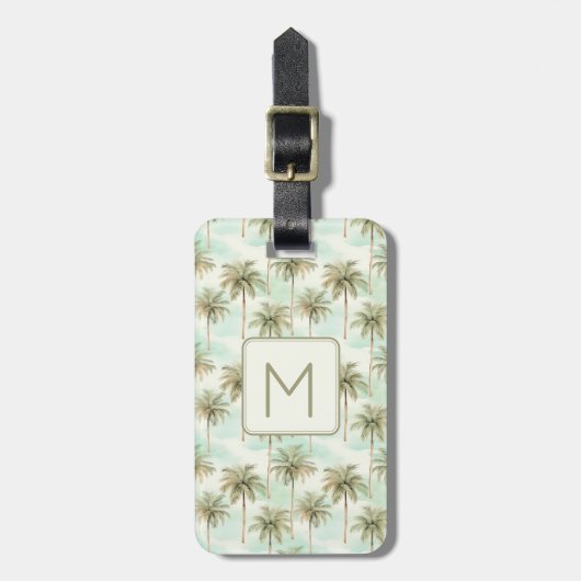 Aqua en Cream Tropical Palm Tree Monogram Bagagelabel (Voorkant verticaal)