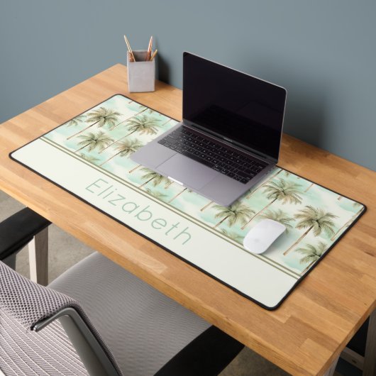 Aqua en Cream Tropical Palm Tree Monogram Bureaumat (Kantoor 2)