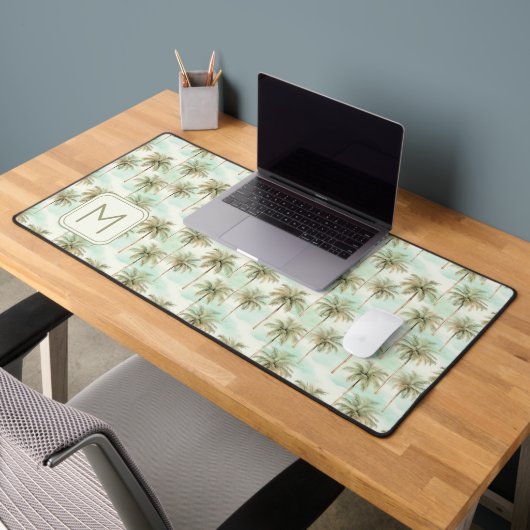 Aqua en Cream Tropical Palm Tree Monogram Bureaumat (Kantoor 2)