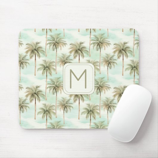 Aqua en Cream Tropical Palm Tree Monogram Muismat (Met muis)