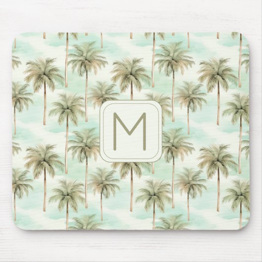 Aqua en Cream Tropical Palm Tree Monogram Muismat (Voorkant)