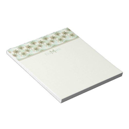 Aqua en Cream Tropical Palm Tree Monogram Notitieblok (Schuin)