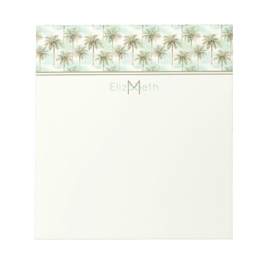 Aqua en Cream Tropical Palm Tree Monogram Notitieblok (Voorkant)