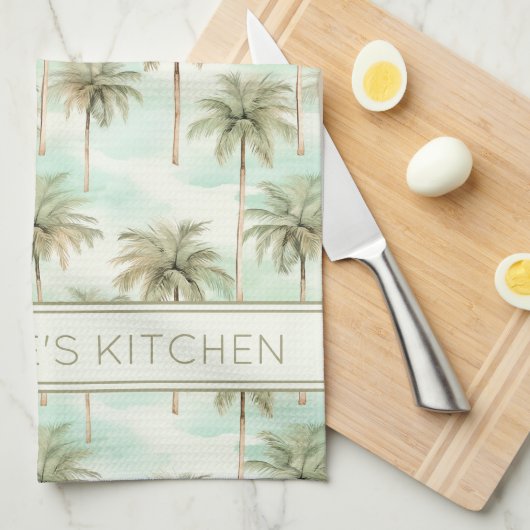Aqua en Crème Tropische Palm Tree Gepersonaliseerd Theedoek (Quarter Fold)