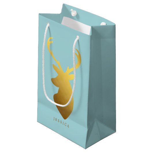 Aqua en Faux Gold Foil Deer Head Klein Cadeauzakje (Voorkant Gekanteld)