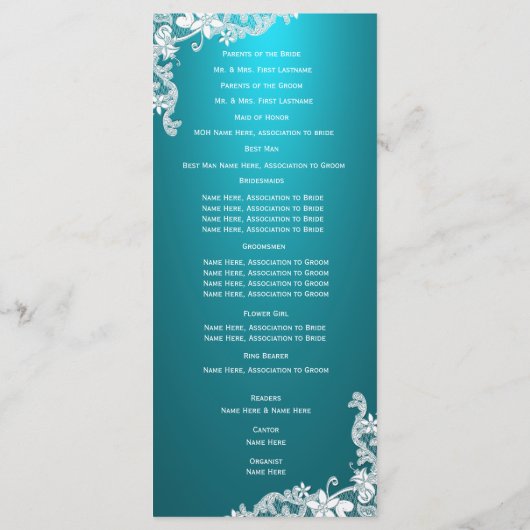 Aqua en  Floral Lace Wedding Programma Programmakaart (Achterkant)