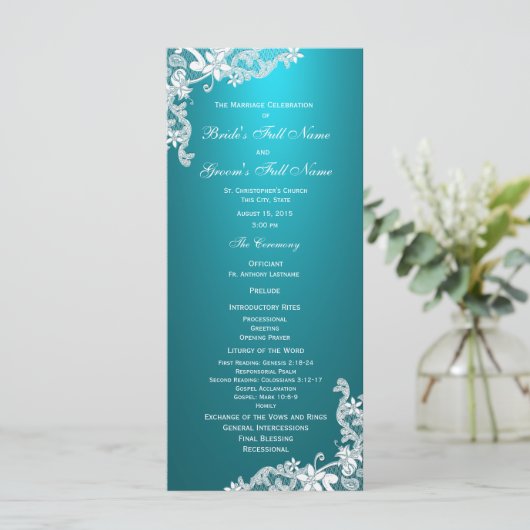 Aqua en  Floral Lace Wedding Programma Programmakaart (Staand voorkant)