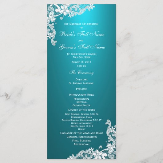 Aqua en  Floral Lace Wedding Programma Programmakaart (Voorkant)