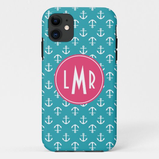 Aqua en Fuchsia Monogram Ankerpatroon Case-Mate iPhone Case (Achterkant)