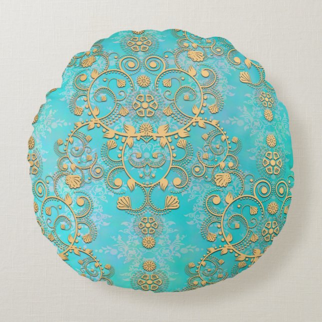 Aqua en Geel Goud Lacy Damask Rond Kussen (Voorkant)