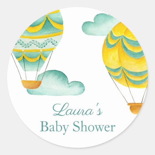 Aqua en Geel Hete Luchtballons Baby shower Ronde Sticker (Voorkant)