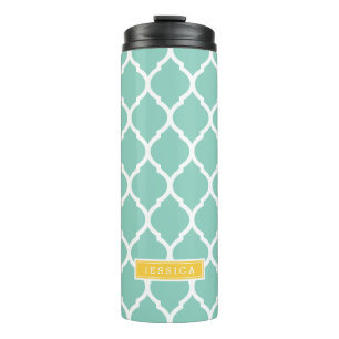 Aqua en Geel Marokkaans Quatrefoil Monogram Thermosbeker