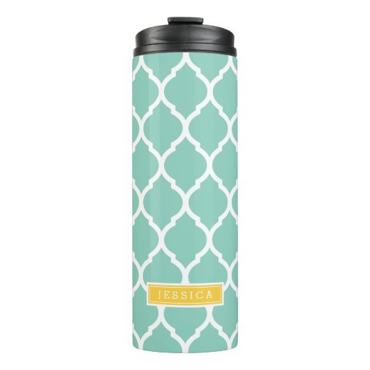 Aqua en Geel Marokkaans Quatrefoil Monogram Thermosbeker (Voorkant)