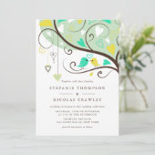 Aqua en Geel Whimsical Lovebirds Wedding Kaart (Staand voorkant)