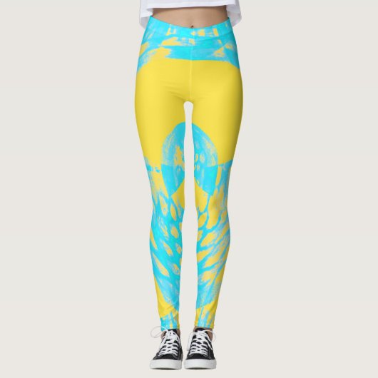 Aqua en Gele Abstracte Leggings (Voorkant)