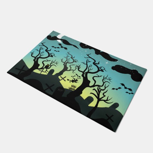 Aqua en gele begraafplaats Halloween Deurmat (Schuin)