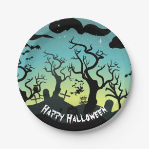 Aqua en gele begraafplaats Halloween Papieren Bordje