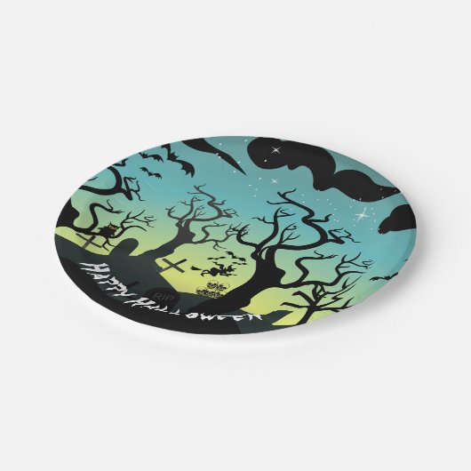 Aqua en gele begraafplaats Halloween Papieren Bordje (Gekanteld)