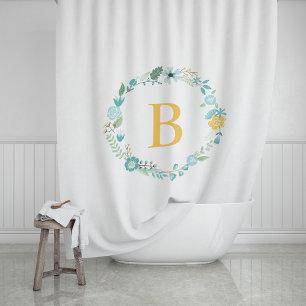Aqua en Gele BloemenKroon Met monogram Douchegordijn