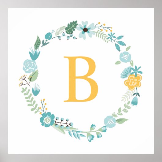 Aqua en gele monogram bloemenkrans poster (Voorkant)