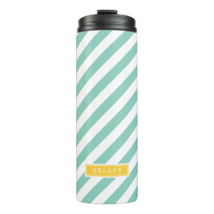 Aqua en Gele Preppy Strepen Monogram Thermosbeker