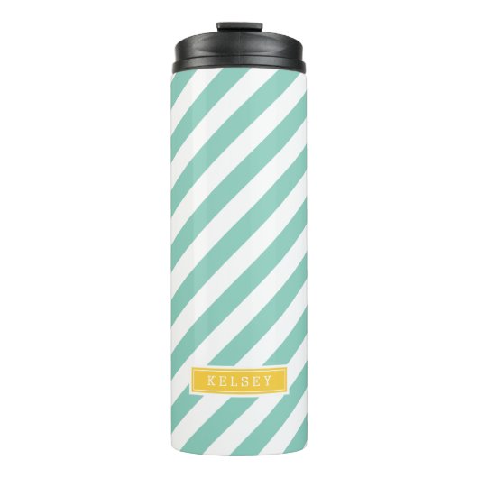 Aqua en Gele Preppy Strepen Monogram Thermosbeker (Voorkant)