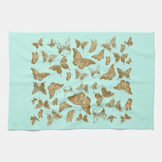 Aqua en Gold Butterfly Kitchen Towel Theedoek (Horizontaal)