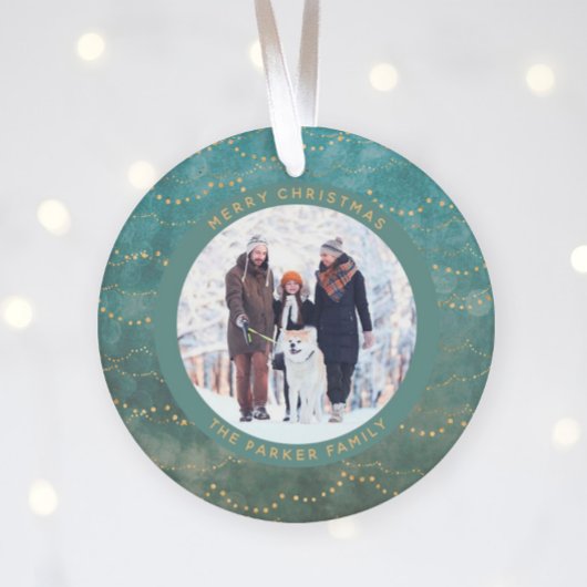 Aqua en Gold Fairy Lichten | Twee familiefoto's Ornament