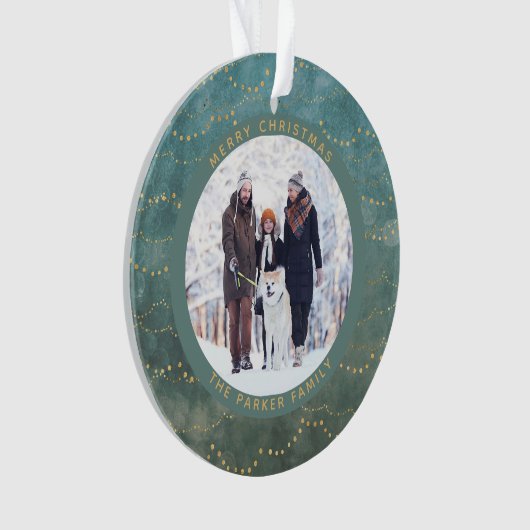 Aqua en Gold Fairy Lichten | Twee familiefoto's Ornament (voorkant)