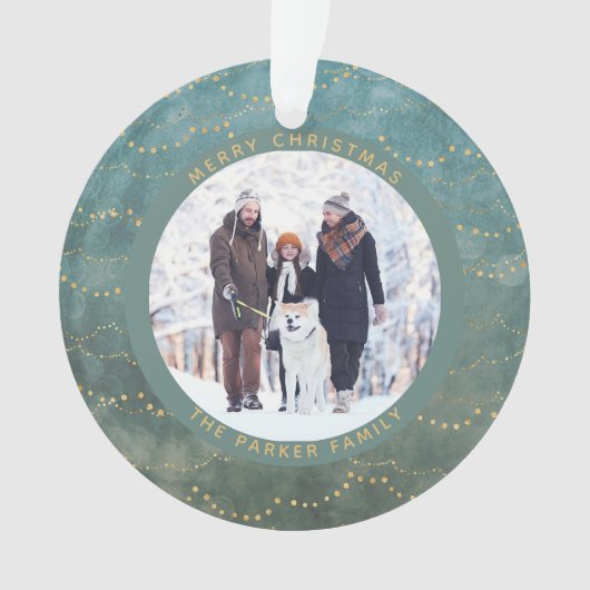 Aqua en Gold Fairy Lichten | Twee familiefoto's Ornament (voorkant)