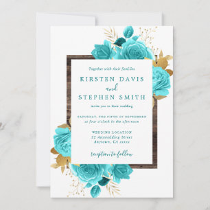 Aqua en Gold Floral Rustic Wood Wedding Kaart
