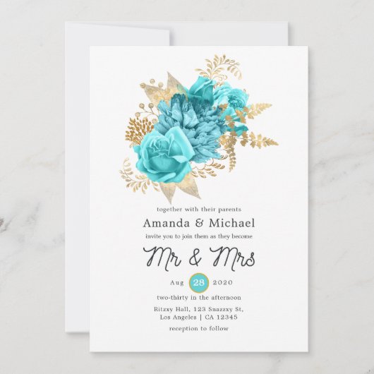 Aqua en Gold Floral Wedding Kaart (Voorkant)