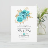 Aqua en Gold Floral Wedding Kaart (Staand voorkant)