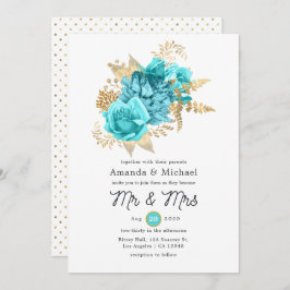 Aqua en Gold Floral Wedding Kaart