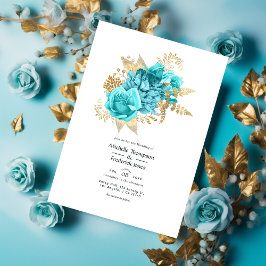 Aqua en Gold Floral Wedding Kaart