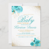 Aqua en Gold Glitter Floral Boy Baby shower Kaart (Voorkant)