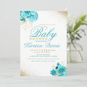 Aqua en Gold Glitter Floral Boy Baby shower Kaart (Staand voorkant)
