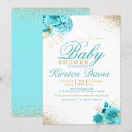 Aqua en Gold Glitter Floral Boy Baby shower Kaart