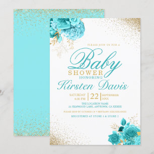 Aqua en Gold Glitter Floral Boy Baby shower Kaart
