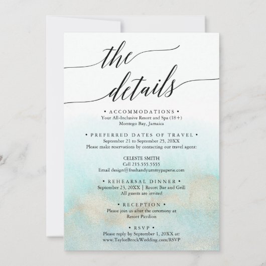 Aqua en Gold huwelijksstrand Alles in één Waterver Kaart (Achterkant)