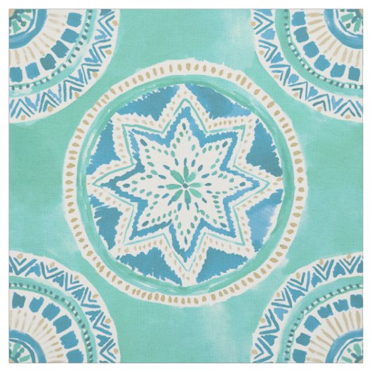 Aqua en Gold MIGHTY MEDALLION Mandala Stof (Swatch)