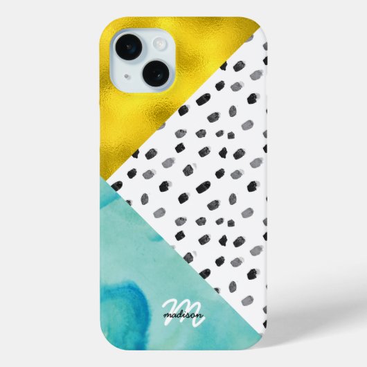Aqua en Gold Mixed Media Monogramed Case-Mate iPhone Case (Achterkant)