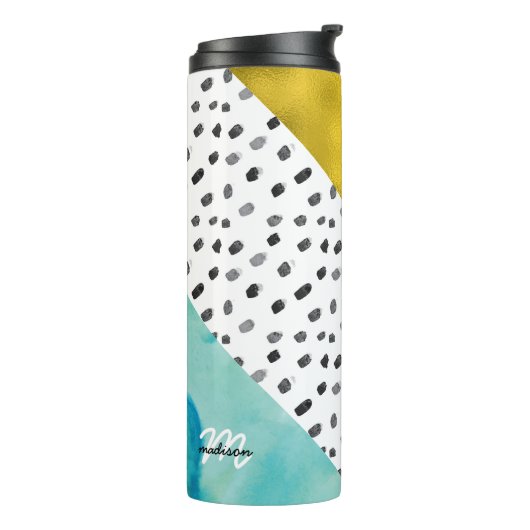 Aqua en Gold Mixed Media Monogramed Thermosbeker (Gedraaid links)