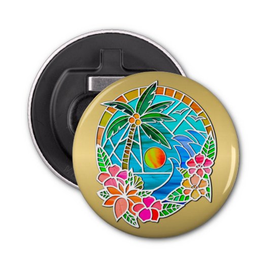Aqua en Gold Ocean Palm Summer Landschap Button Flesopener (Voorkant)