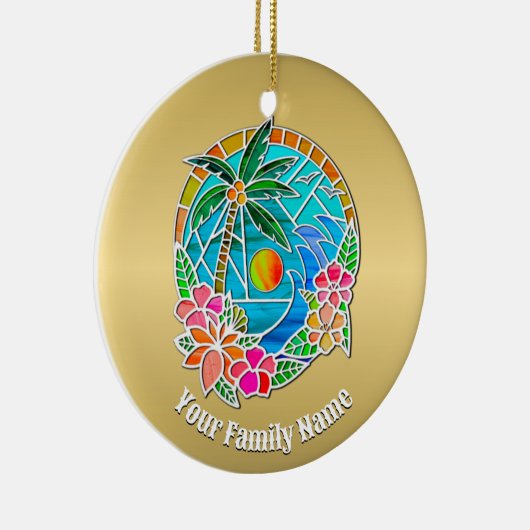 Aqua en Gold Ocean Palm Summer Landschap Keramisch Ornament (Rechts)